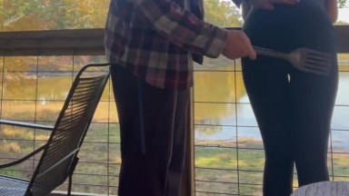 Wife spanked on the porch